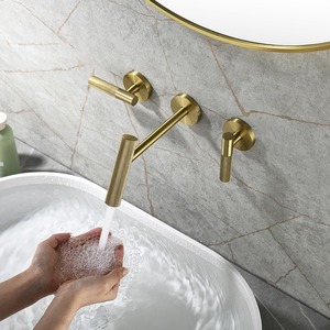 Robinet de lavabo mural dissimulé Robinet d'eau chaude et froide caché Robinet de luxe rond à trois trous avec lumière dorée - Product Image 3