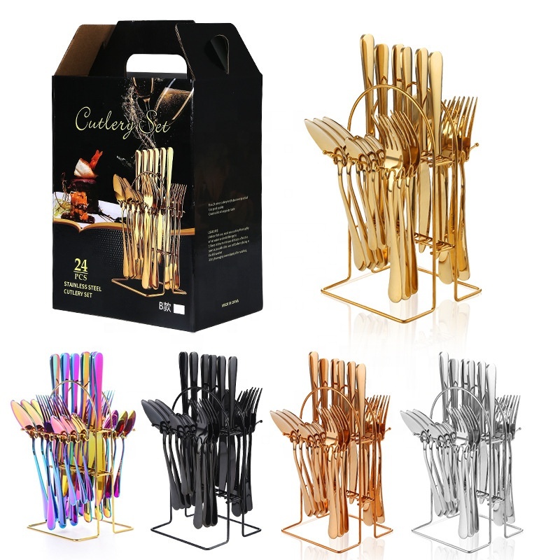 # 24-Piece Stainless Steel Gold Cutlery Set – Mirror Finish Colorful Knife, Fork & Spoon Dinnerware Set - View 3