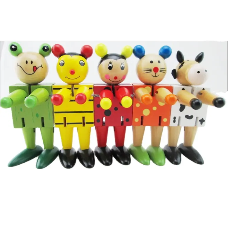 wooden Color handmade body joints movement wooden cartoon animal kids deformable robot toy