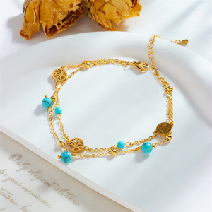 Fashionable Double Layer Anklet With Turquoise Beads Tree Of Life Design For Women Foot Ornaments Gift - Product Image 3