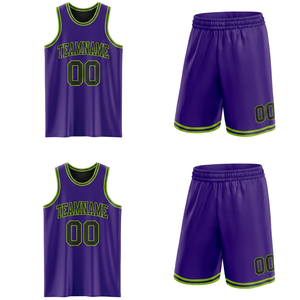 Ensemble de maillots de basket-ball réversibles personnalisés noir, violet, vert néon, sublimation double face, uniforme d'équipe, séchage rapide, taille élastique, 3D - Product Image 1