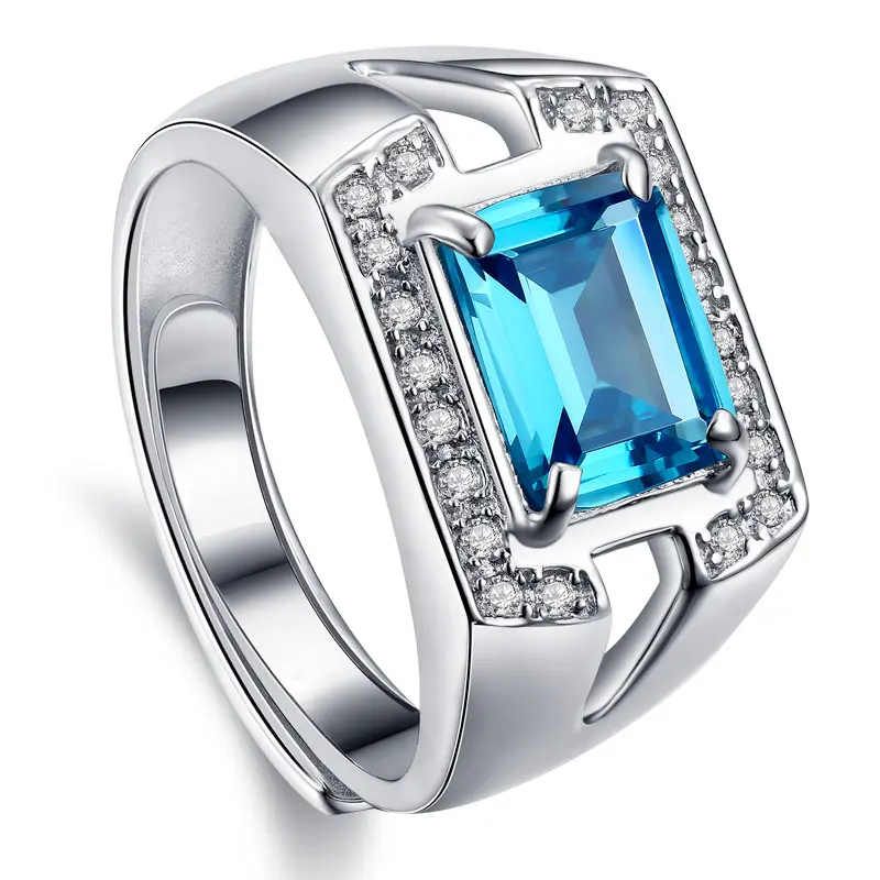 Carline Fine 925 joyería de plata moda personalizada Cool Aquamarine mar azul circón anillos masculinos anillo al por mayor para hombres