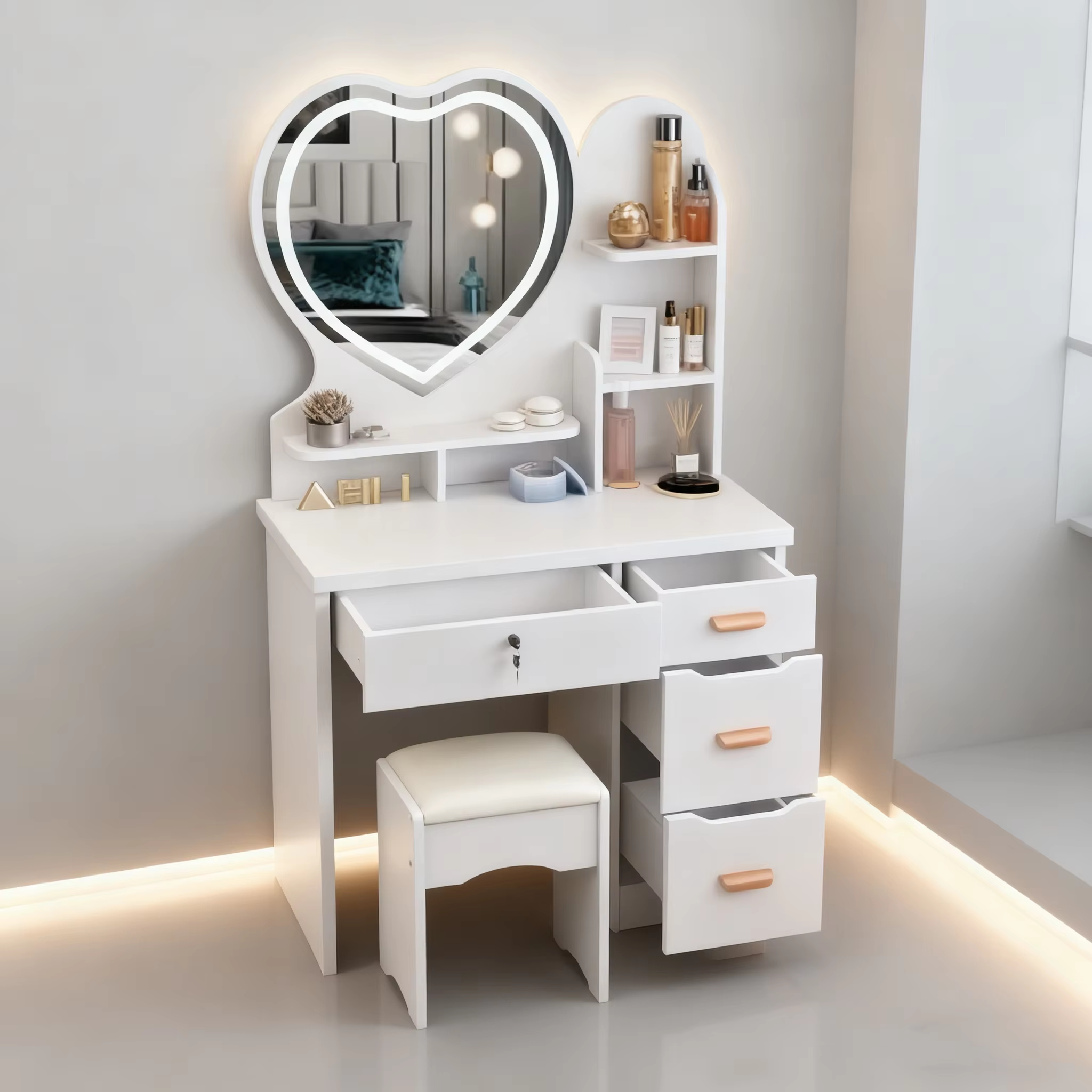 White Heart  Lighted Right Cabinet