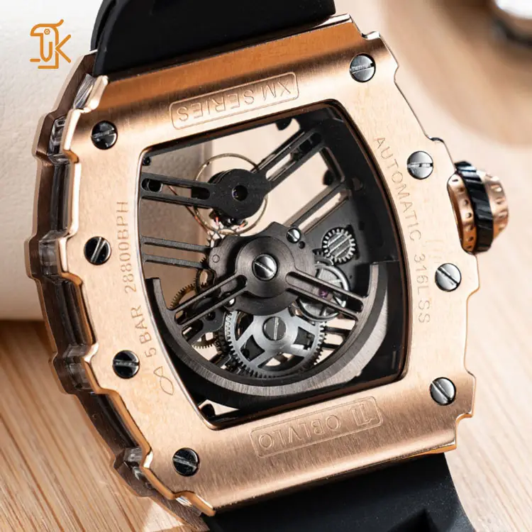 SANYINカスタムロゴスケルトンステンレススチールゴールドドラゴントノースケルトン自動機械式腕時計メーカー