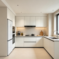 Meuble de cuisine moderne éco-responsable, finition blanc mat, porte à panneau plat, charnière à fermeture amortie et tiroir à extension totale pour la maison