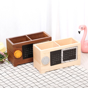 <b>Solid</b> <b>Wood</b> <b>Desk</b> Pen Holder With Calendar Office Organizer Square Shape Natural Color Multi Functional Storage Box - Product Image 1