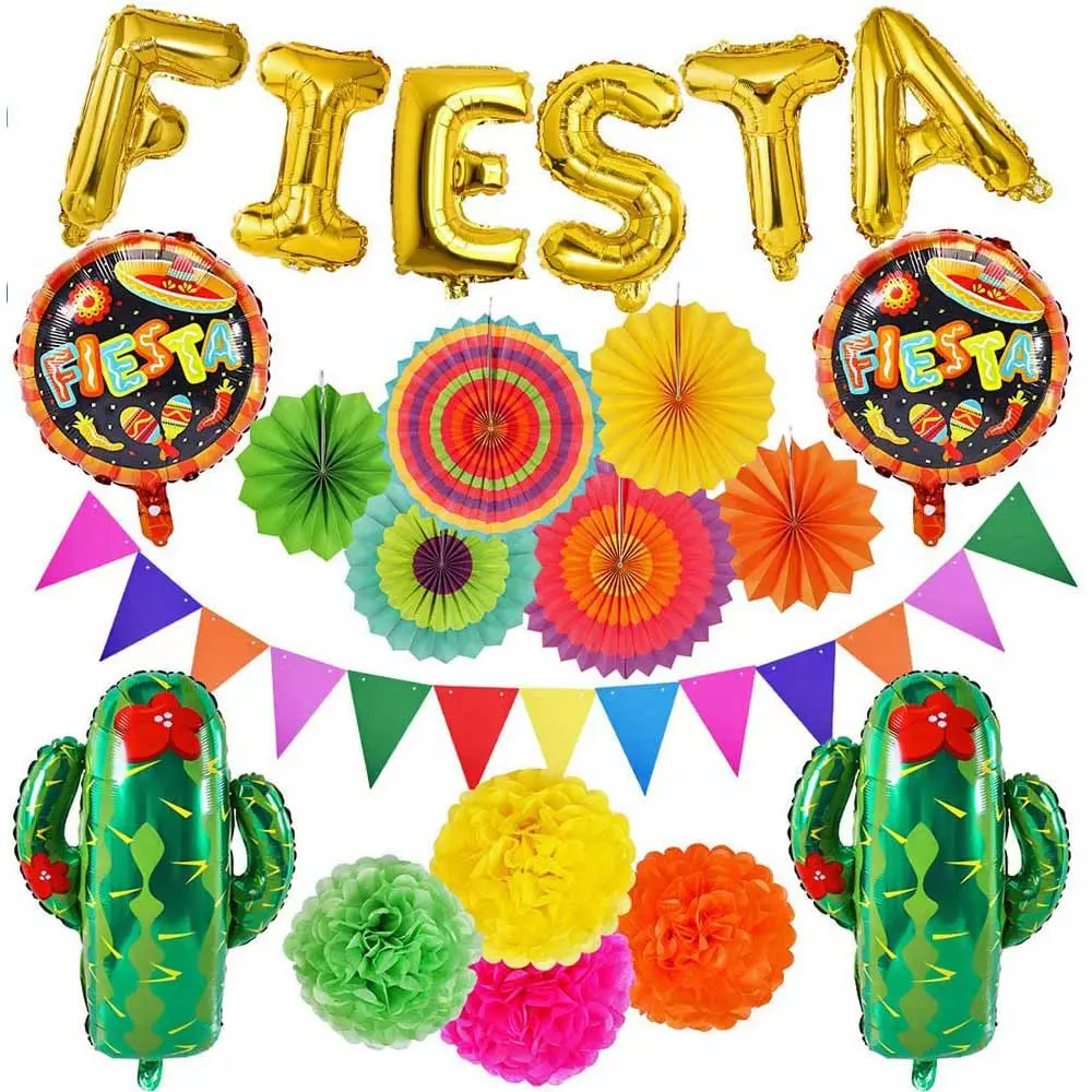 21 PCS Fiesta Party Decoration Mexican Party Decoration Fiestas Cactus Balloons Paper Fan Pompoms vestidosデ · フィエスタ