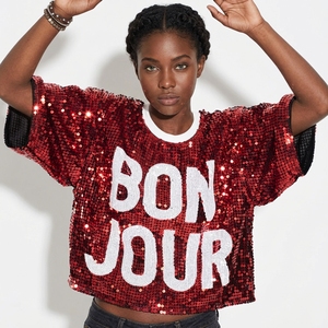 Camiseta con cuello redondo y Media manga para mujer, camiseta con logotipo de lentejuelas brillantes, camiseta informal de gran tamañ<span class=keywords><strong>o</strong></span> Y2K con letras <span class=keywords><strong>BON</strong></span> JOUR - Product Image 1