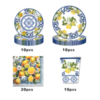Ensemble de fournitures de fête bleu citron style méditerranéen, vaisselle jetable avec assiettes, gobelets, serviettes et bannière pour fête prénuptiale estivale