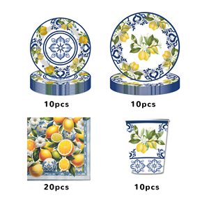 Ensemble de fournitures de fête bleu citron style méditerranéen, vaisselle jetable avec assiettes, gobelets, serviettes et bannière pour fête prénuptiale estivale - Product Image 3