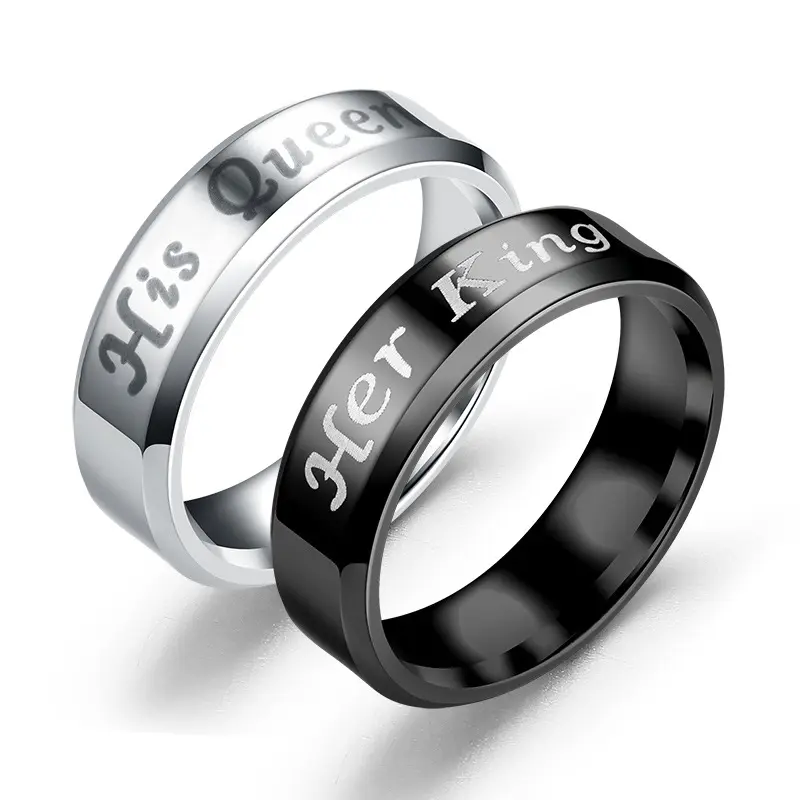 Poya 6mm Bevel Edge Her King His Queen Engraved Stainless Steel Black Silver Plated Couple Ring
