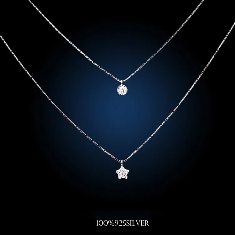 925 Sterling Silver Star double-deck Necklaces & Pendants For Women Fashion Lady Festival Gift Sterling-silver-jewelry
