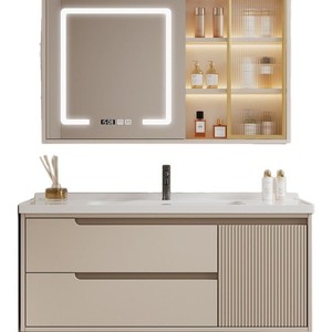 Mueble de Baño Moderno Minimalista con Espejo Inteligente Iluminado, Lavabo de Cerámica de una Pieza Color Crema, Gabinete de Almacenamiento - Product Image 5
