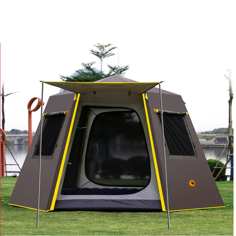 Grande tente de camping en plein air pour famille, espace de 2 à 3 personnes, tente hexagonale de camping à double couche pour 3 à 5 personnes