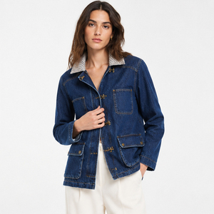 Women's Retro <b>Denim</b> Worker Jacket Plaid Lined Collar Metal Clasp Barn Jacket <b>Coat</b> - Product Image 1
