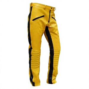 <b>Men</b> Yellow <b>Leather</b> Moto Biker <b>Pants</b> with Black Side Stripe Mid Waist Zipper Fly Straight Fit Winter Casual Wear Midweight - Product Image 1