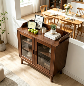 Meuble de salon moderne en bois massif avec portes vitrées, 3 étagères, design mid-century, meuble de rangement - Product Image 3