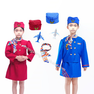 Azafata de avión roja y azul con sombrero, bufandas, juguete para <span class=keywords><strong>niña</strong></span>, Cosplay, azafata, avión, juego de ropa de trabajo de carrera - Product Image 2