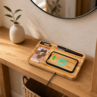 Plateau en bambou laqué avec espace pour téléphone, idéal pour salon et bureau – Rangement pour télécommandes, lunettes, breloques et pièces de monnaie