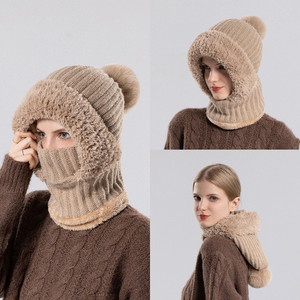 Bonnet d'hiver en tricot chaud et coupe-vent pour femmes, <span class=keywords><strong>cagoule</strong></span> de cyclisme 3 en 1, bonnet en peluche épais à pompons. - Product Image 3