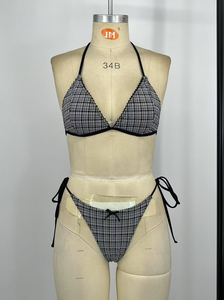 <span class=keywords><strong>Bikini</strong></span> Vintage con Estampado de Cuadros Negros - Micro Bra de Talle Bajo con Lazos Laterales para Mujer - Product Image 6
