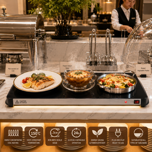 Plato Calentador Comercial para Buffet y Catering, con Superficie de Vidrio Templado de 150°C, Marco de Aluminio y Enchufe, para Uso Doméstico y Comercial - Product Image 1