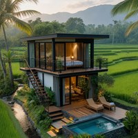 Maison mobile modulaire à ossature en acier avec terrasse et façade ouverte, design inspiré des conteneurs