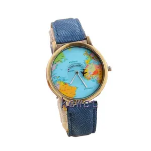 Correa de cuero de mano de avión especial para mujer, dial de reloj con mapa del mundo