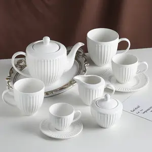 Juego de té de porcelana blanca, juego de tazas de té para restaurante con jarra de azúcar, soporte de té de la tarde, producto en oferta