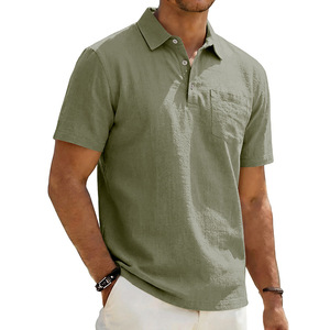 Polo en lin pour homme, col simple, couleur personnalisable, coupe ample, respirant, manches courtes, idéal pour la plage - Product Image 4
