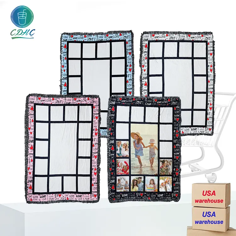 USA warehouse sublimasi Warna kosong bord 15 Panel foto kustom selimut tenun tekan panas dengan rumbai Satin untuk cetak panas