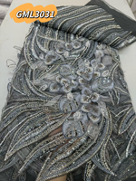 Inmyshop Tissu en dentelle brodé à la main avec perles noires, sequins et fleurs 3D, idéal pour robes de mariée et de soirée