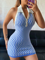 Robe d'Été Sexy en Maille pour Femme, Rayée, Col en V, Sans Manches, Dos Nu, Mini Robe de Plage, Taille Unique