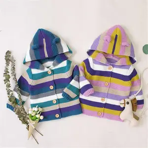 VSCOO Wholesale Baby Knitted Autumn Cotton Children Hoodie Long Sleeve Color Blocking Cardigan Unisex Knitted Kids Sweater