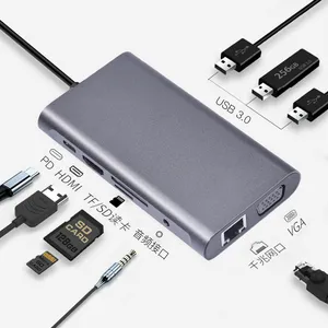 10合1 USB C型适配器集线器坞站，带3个USB 3.0端口HDMI VGA千兆SD TF读卡器和PD充电