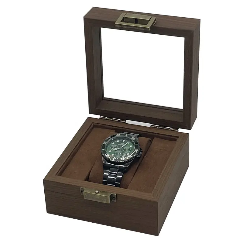 Caja de almacenamiento de embalaje de exhibición de reloj de una sola ranura de cuero PU con textura de madera de lujo con ventana de vidrio al por mayor