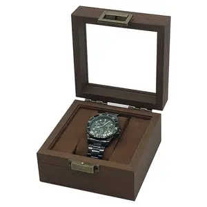 Luxury Wooden Texture PU Leather Single Slot Watch Display Packaging Storage Box Case With Glass Window Wholesale