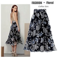 Jupes midi en mousseline à imprimé floral pour femmes, élégantes avec nœud, pour le printemps et l'été, robe de plage, taille haute, jupe décontractée pour femmes