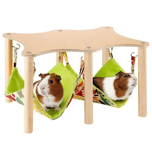 Wood Guinea Pig Hideout Hammock Hanging Bed Tunnel With Wooden Stand Flat Packaging Wood Hamster Hammock