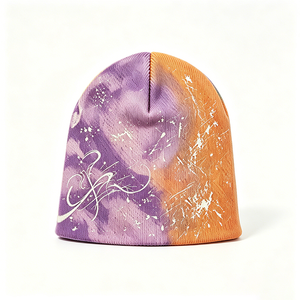 Unisex <b>Tie</b> Dye Knit Beanie Hat 100% Acrylic <b>Purple</b> Orange Graffiti Print Skully Cap Soft Warm Stretch Streetwear Autumn Image - Product Image 2