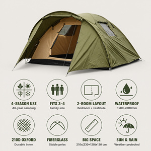 Outdoor Leisure Double-Layer Fiberglass Rainproof Camping <b>Tent</b> Quick Setup One <b>Room</b> One Hall Design Three Seasons Use 3-4 Person - Product Image 1