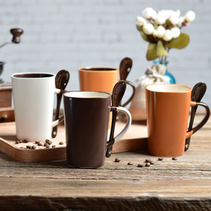 Frosted Matte Ceramic <b>Mug</b> With Spoon Square Shape <b>Coffee</b> Milk Cup Solid Color Handle Gift <b>Set</b> Available - Product Image 2