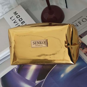 High Quality Metallic Gold Pu leather Makeup <b>Bag</b> <b>Waterproof</b> Travel <b>Bag</b> Metal Plate 8 Inches For Travel - Product Image 3