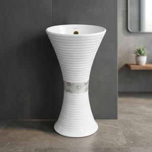 Ensemble de lavabo Wudu monobloc en céramique Kolan, carré, jaune et blanc, à poser sur socle, pour centre commercial - Product Image 4
