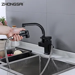 Moderno productos sanitarios diseño negro solo mango extensible cocina grifo sacar