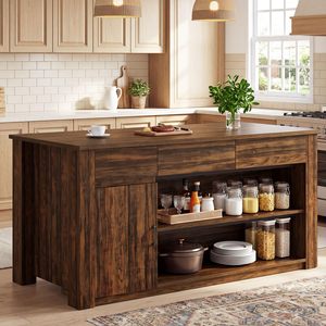 Isla de cocina moderna de madera SENYU con cajones de almacenamiento y estantes para comedor y cocina - Product Image 6