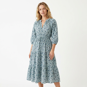 Robe midi vintage 100 % coton à col en V, coupe ample, taille naturelle, respirante, à porter au quotidien, motif floral imprimé à la main, manches 3/4 - Product Image 1