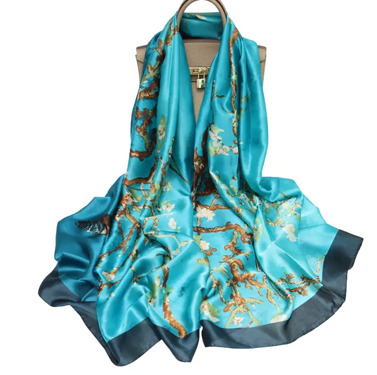 Lenços de fabricação fornecedor flor de ameixa lenços de seda estampados padrão étnico lenço de seda longo feminino