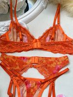 Ensemble de Lingerie Sexy 4 Pièces Personnalisé OEM en Dentelle Florale Orange avec Porte-Jarretelles, Soutien-Gorge, Culotte et Jarretière pour Femme