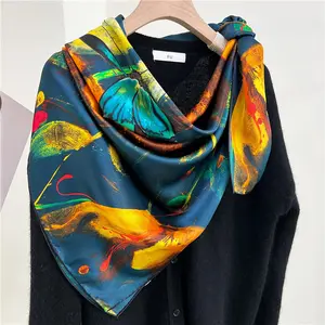 New 12MM satin scarf 108cm silk headscarf Spring Floral Butterfly digital printing design large square custom silk scarf wome